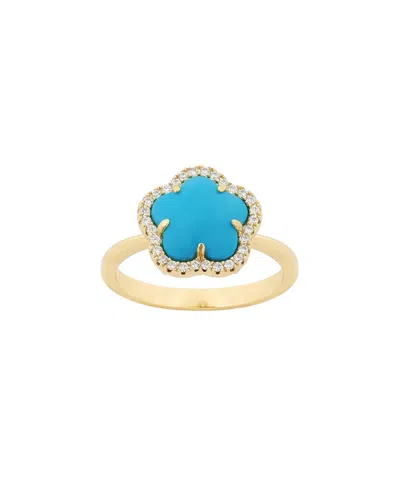 JANKUO JANKUO FLOWER 14K PLATED SYNTHETIC TURQUOISE CZ STATION RING