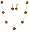 Jankuo Flower 14k Plated Tiger Eye Cz Earrings & Necklace Set In Brown