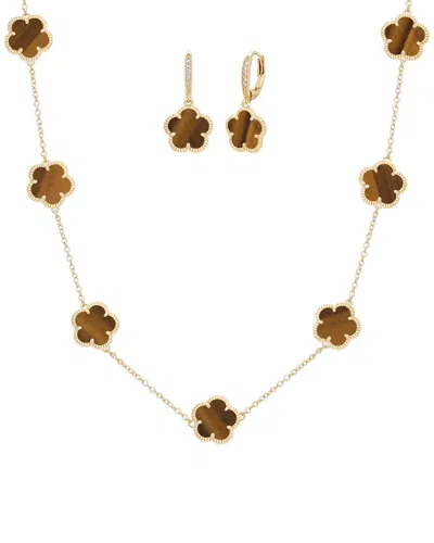 JANKUO JANKUO FLOWER 14K PLATED TIGER EYE CZ EARRINGS & NECKLACE SET