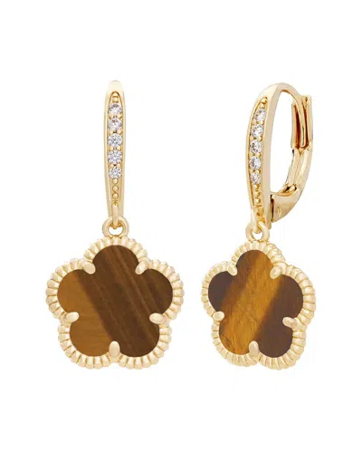 JANKUO JANKUO FLOWER 14K PLATED TIGER EYE CZ LEVERBACK DROP EARRINGS