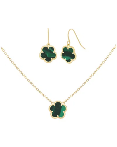 Jankuo Flower 14k Synthetic Emerald Earrings & Necklace Set In Gold