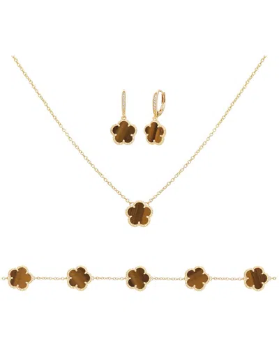 Jankuo Flower 14k Tiger Eye Cz Earrings, Bracelet & Necklace Set