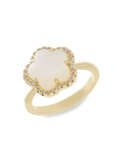 Jankuo Women's 14k Goldplated, Cubic Zirconia & Mother Of Pearl Clover Ring In Brass