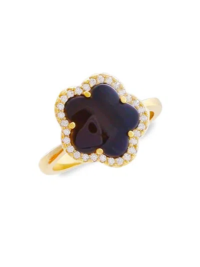 Jankuo Women's 14k Goldplated, Cubic Zirconia & Onyx Clover Ring
