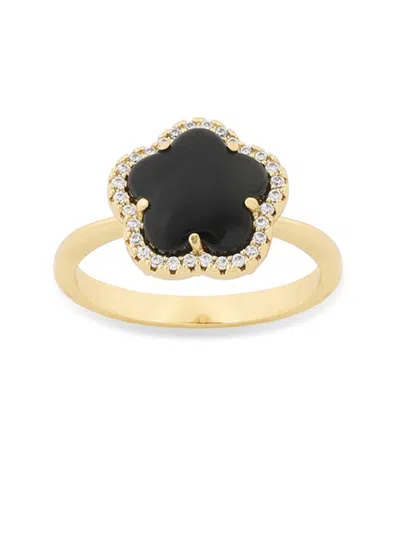 Jankuo Women's 14k Goldplated, Cubic Zirconia & Onyx Clover Ring In Black