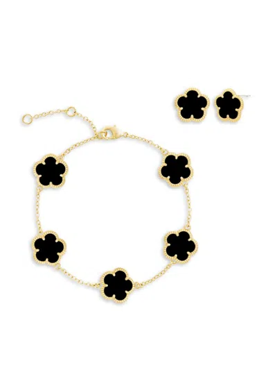 Jankuo Women's Flower 14k Gold-plated & Onyx Bracelet & Stud Earrings Set In Black