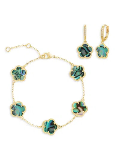 Jankuo Women's Flower 14k Goldplated, Abalone & Cubic Zirconia Bracelet & Drop Earrings Set