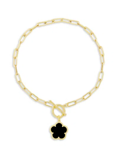 Jankuo Women's Flower 14k-goldplated Brass & Onyx Pendant Bracelet/7"