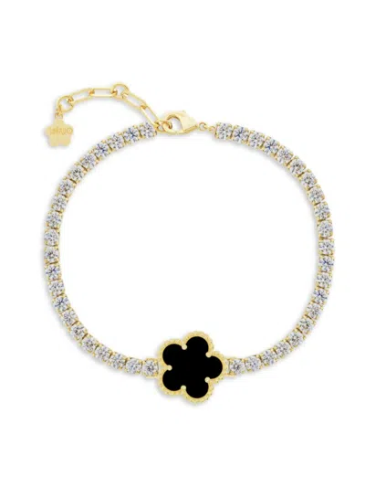 Jankuo Women's Flower 14k-goldplated Brass, Onyx & Cubic Zirconia Bracelet/7.25" In Blue