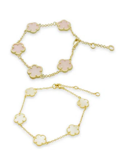 Jankuo Women's Flower 14k Goldplated, Mother Of Pearl & Pink Crystal Bracelet Set