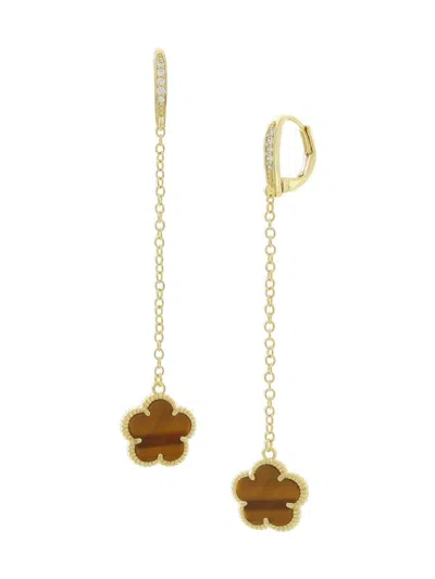 Jankuo Women's Flower 14k Goldplated, Tigers Eye & Cubic Zirconia Huggie Drop Earrings In Brass