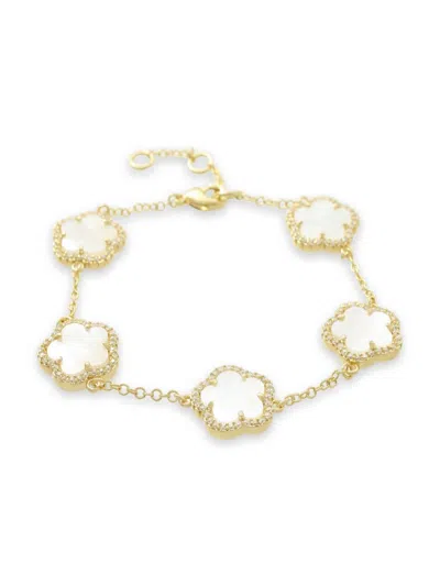 Jankuo Women's Flower 14k Yellow Goldplated, Mother Of Pearl & Cubic Zirconia Flower Station Bracelet