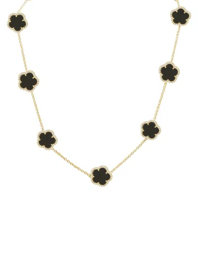 Jankuo Women's Flower 14k Yellow Goldplated, Onyx & Cubic Zirconia Station Necklace