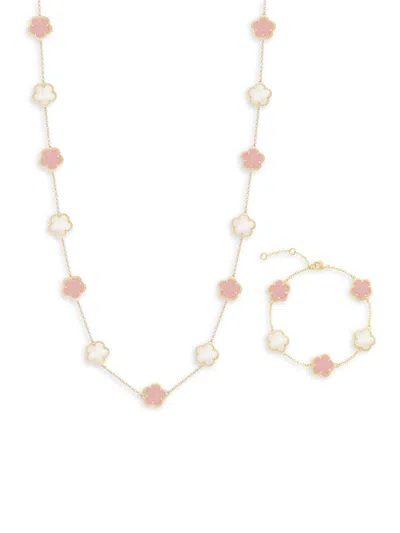 Jankuo Women's Flower 2-piece 14k Goldplated & Mother Of Pearl Station Necklace & Bracelet Set In Pink White