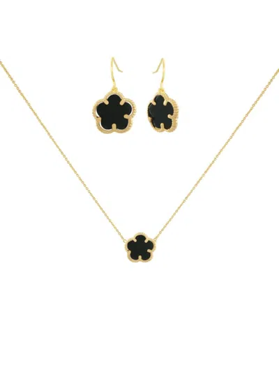 Jankuo Women's Flower 2-piece 14k Goldplated & Onyx Drop Earrings & Pendant Necklace Set In Black