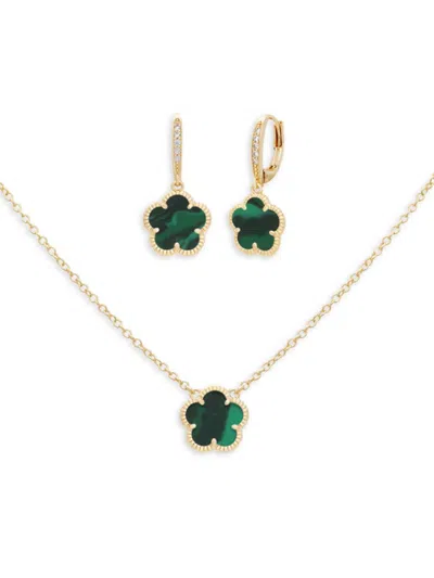 Jankuo Flower 14k Synthetic Emerald Earrings & Necklace Set In Gold