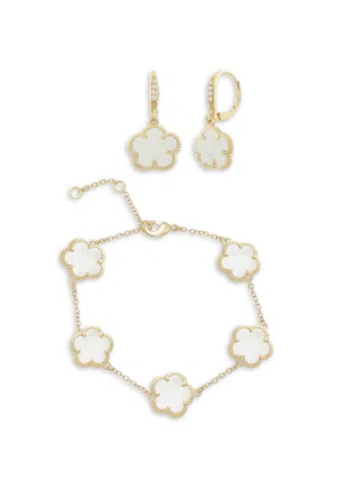 Jankuo Women's Flower 2-piece 14k Goldplated, Mother Of Pearl & Cubic Zirconia Bracelet & Earrings Set In Brass