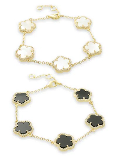 Jankuo Women's Flower 2-piece 14k Goldplated, Mother Of Pearl & Oynx Bracelet Set In Brass