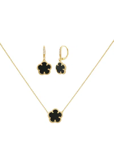 Jankuo Women's Flower 2-piece 14k Goldplated, Onyx & Cubic Zirconia Necklace Earring Set