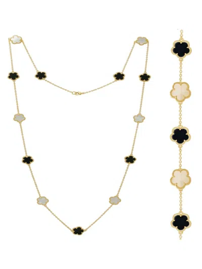 Jankuo Women's Flower 2-piece 14k Goldplated, Onyx & Mother Of Pearl Station Necklace & Bracelet Set
