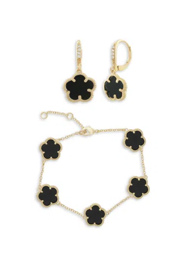 Jankuo Women's Flower 2-piece 14k Goldplated Onyx Earrings & Bracelet Set