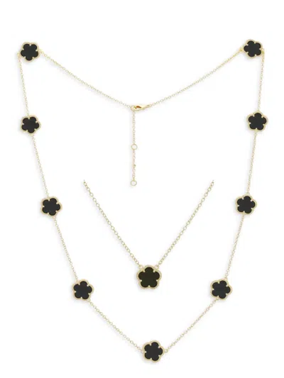 Jankuo Women's Flower 2-piece 14k Goldplated Onyx Flower Pendant Necklace Set