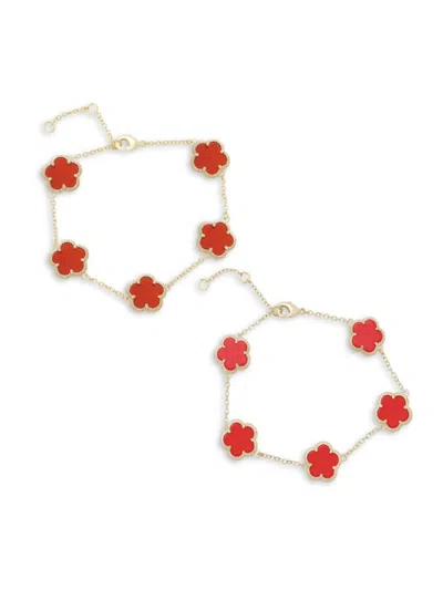 Jankuo Women's Flower 2-piece 14k Goldplated, Synthetic Coral Stone & Agate Station Bracelet Set