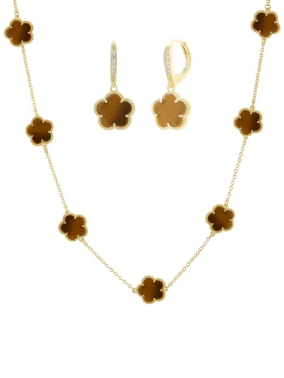 Jankuo Women's Flower 2-piece 14k Goldplated, Tiger Eye & Cubic Zirconia Necklace & Earrings Set In Metal
