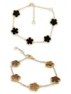 Jankuo Women's Flower 2-piece 14k Goldplated, Tiger Eye & Oynx Bracelet Set In Brass