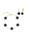 Jankuo Women's Flower 2-piece 14k Yellow Goldplated, Cubic Zirconia, Synthetic Dark Sapphire, Drop E In Dark Blue