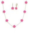 Jankuo Women's Flower 2-piece 14k Yellow Goldplated, Cubic Zirconia, Synthetic Fuchsia Color Stone, In Pink