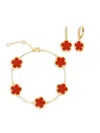 Jankuo Women's Flower 2-piece Agate, Cubic Zirconia, Drop Earrings & Bracelet Set In Dark Red