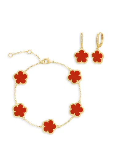 Jankuo Women's Flower 2-piece Agate, Cubic Zirconia, Drop Earrings & Bracelet Set In Dark Red