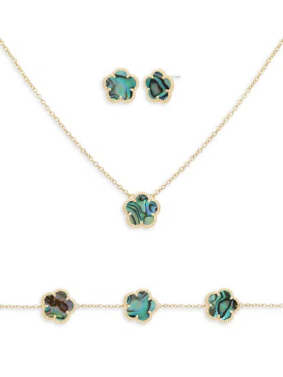 Jankuo Women's Flower 3-piece 14k Goldplated & Abalone Stone Necklace, Bracelet & Studs Set