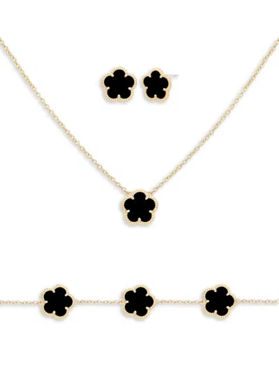 Jankuo Women's Flower 3-piece 14k Goldplated & Onyx Bracelet, Stud Earrings & Necklace Set In Black