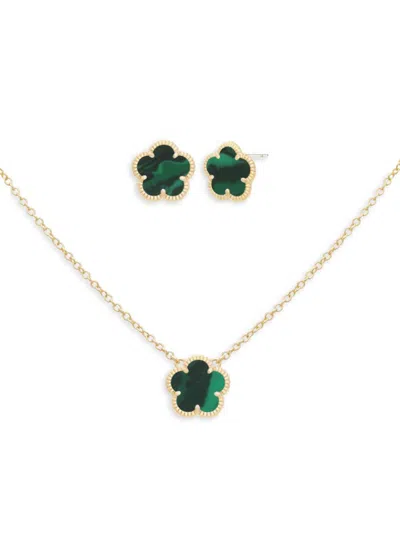 Jankuo Women's Flower 3-piece 14k Goldplated & Synthetic Emerald Stud Earrings & Pendant Necklace Se