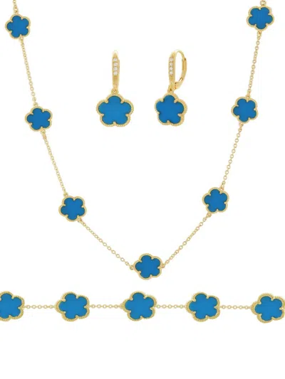 Jankuo Women's Flower 3-piece 14k Goldplated, Blue Agate & Cubic Zirconia Necklace, Earrings & Brace