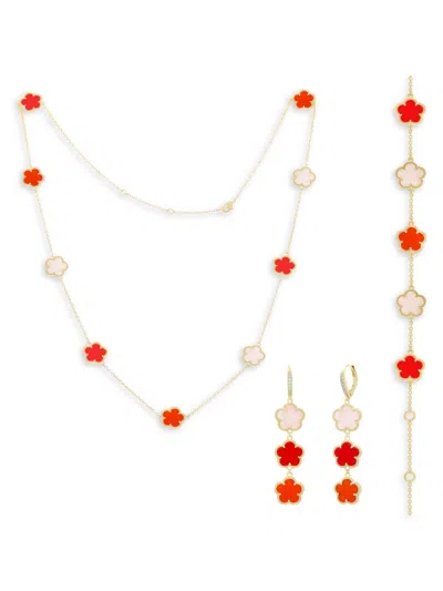 Jankuo Women's Flower 3-piece 14k Goldplated, Crystal, Synthetic Coral & Agate Set