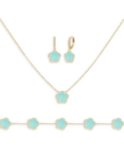 Jankuo Women's Flower 3-piece 14k Goldplated Earrings, Bracelet & Necklace Set In Teal