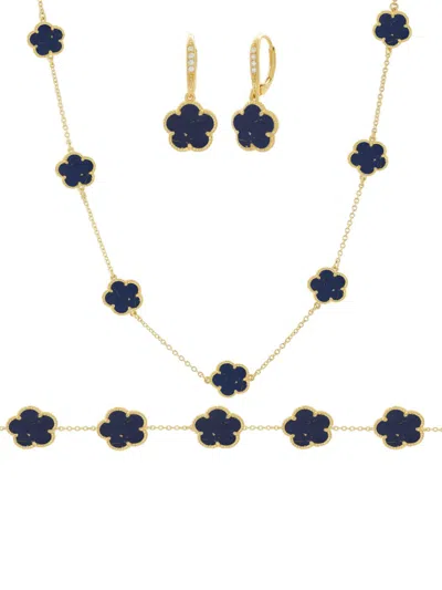 Jankuo Women's Flower 3-piece 14k Goldplated, Faux Sapphire, Cubic Zirconia Earring, Bracelet & Necklace Se