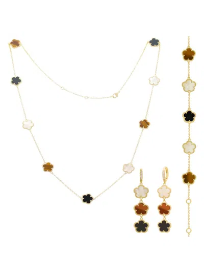 Jankuo Women's Flower 3-piece 14k Goldplated, Mother Of Pearl, Onyx & Tigers Eye Set