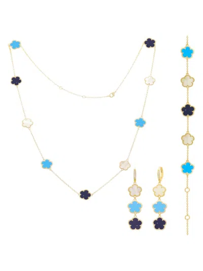 Jankuo Women's Flower 3-piece 14k Goldplated, Mother Of Pearl, Synthetic Sapphire & Agate Set