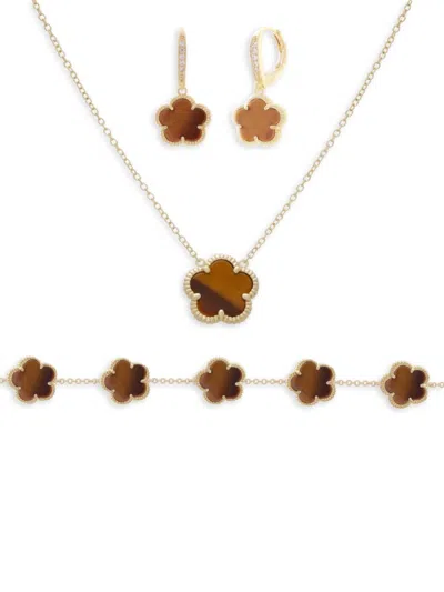 Jankuo Women's Flower 3-piece 14k Goldplated Multistone Huggie, Bracelet & Necklace Set In Brass