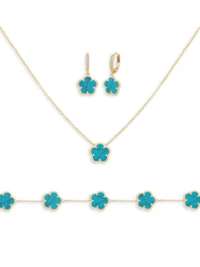 Jankuo Women's Flower 3-piece 14k Goldplated Necklace, Earrings & Bracelet Set In Blue