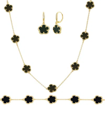 Jankuo Women's Flower 3-piece 14k Goldplated, Onyx Earring, Bracelet & Necklace Set