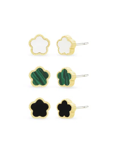 Jankuo Women's Flower 3-piece 14k Goldplated Stud Earrings Set In Black