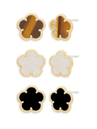 Jankuo Women's Flower 3-piece 14k Goldplated Stud Earrings Set In Brass