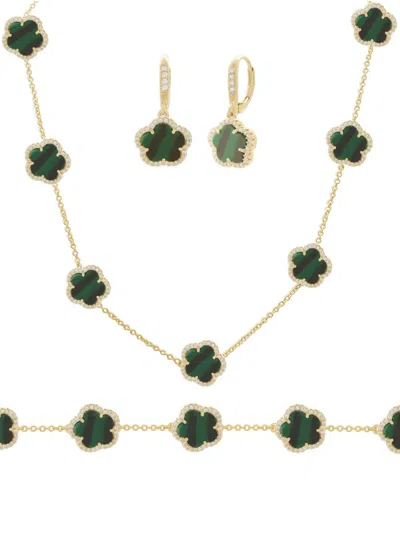 Jankuo Women's Flower 3-piece 14k Goldplated, Synthetic Emerald & Cubic Zirconia Necklace, Bracelet & Earri