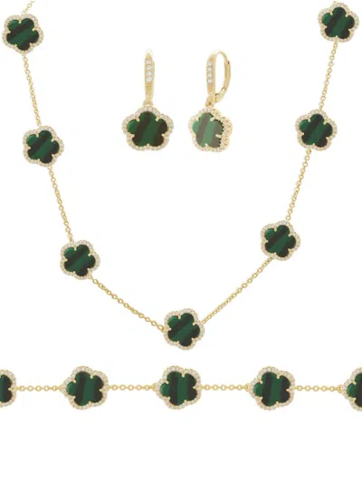 Jankuo Women's Flower 3-piece 14k Goldplated, Synthetic Emerald & Cubic Zirconia Necklace, Bracelet