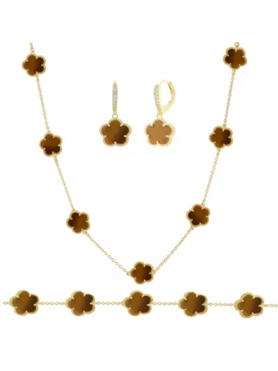 Jankuo Women's Flower 3-piece 14k Goldplated, Tiger Eye & Cubic Zirconia Necklace, Earrings & Bracelet Set In Metal